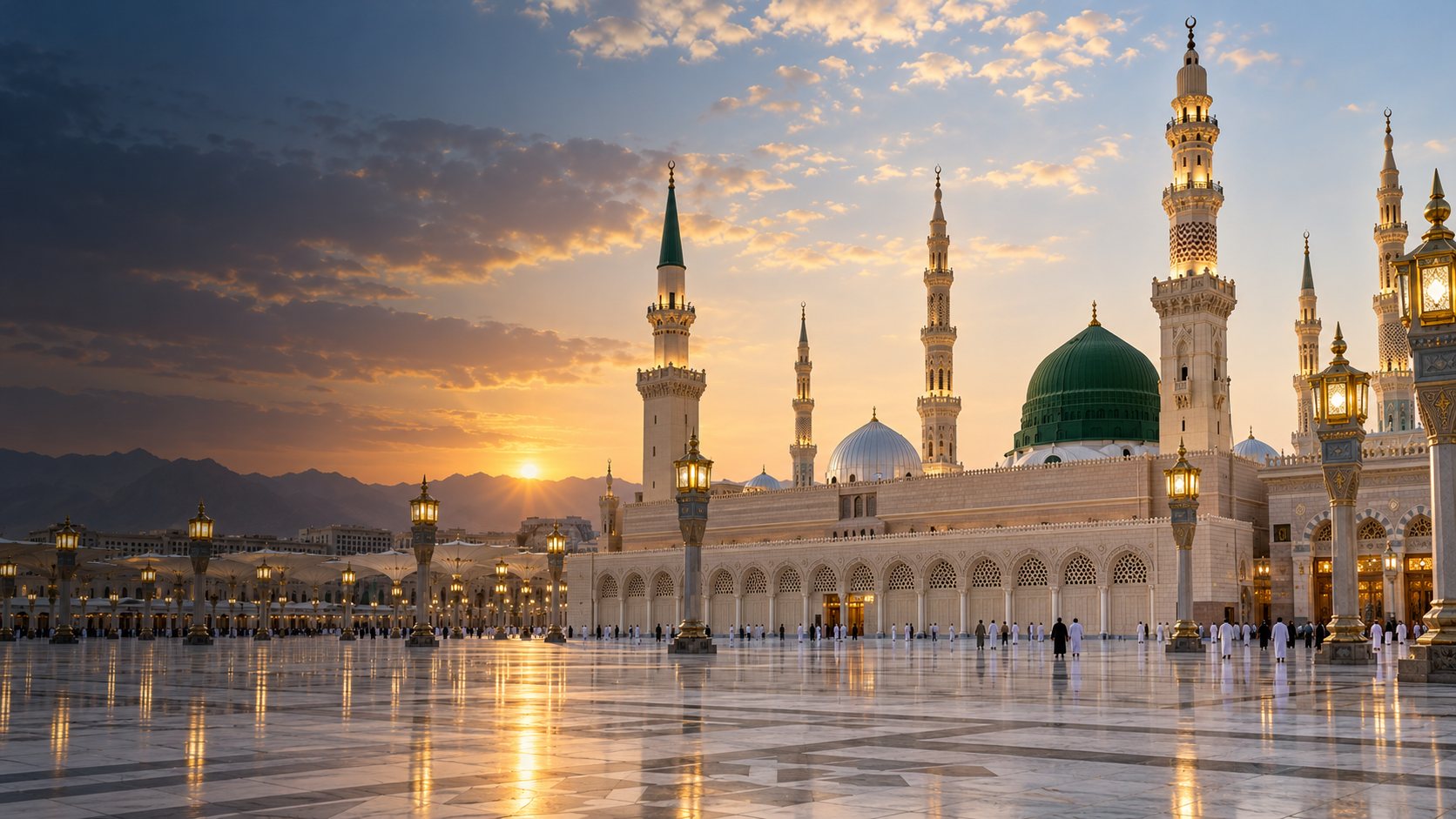 AI-created illustrative view of Masjid an Nabawi with its green dome at dawn