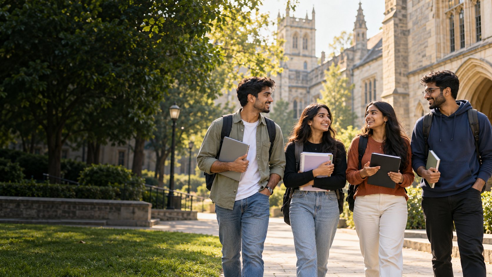 AI-created illustrative scene of adult students walking on an international university campus