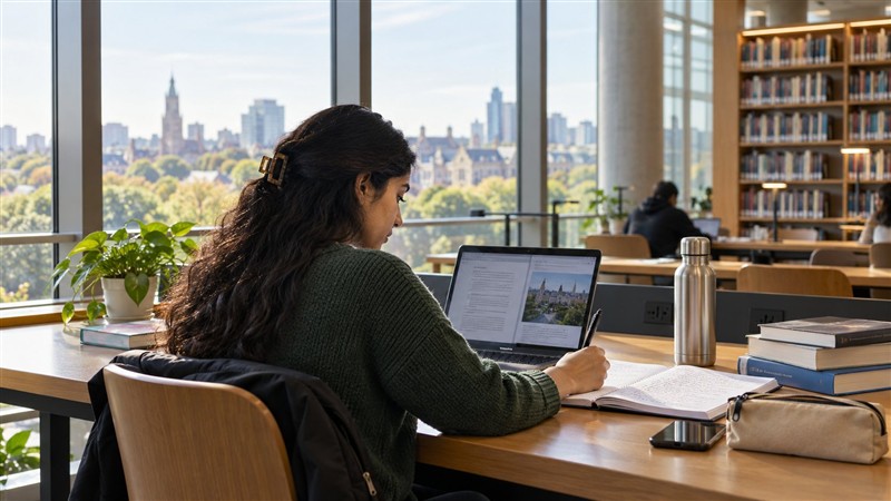 Illustrative adult student working in a university library
