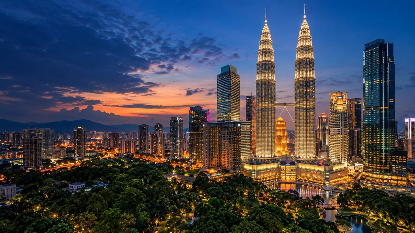 AI-created illustrative Kuala Lumpur skyline with the Petronas twin towers at blue hour