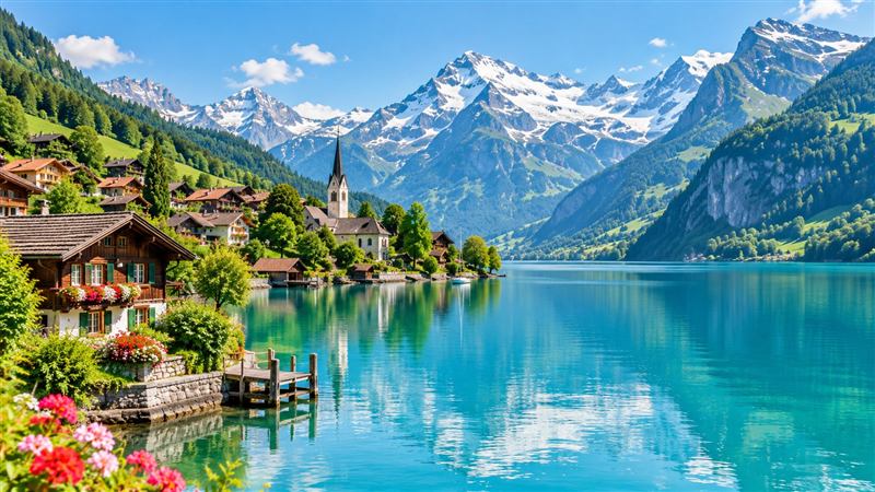 Illustrative alpine lake and mountain village for holiday tours