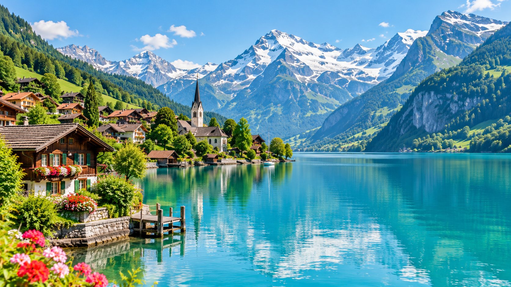Illustrative alpine lake and mountain village for holiday tours
