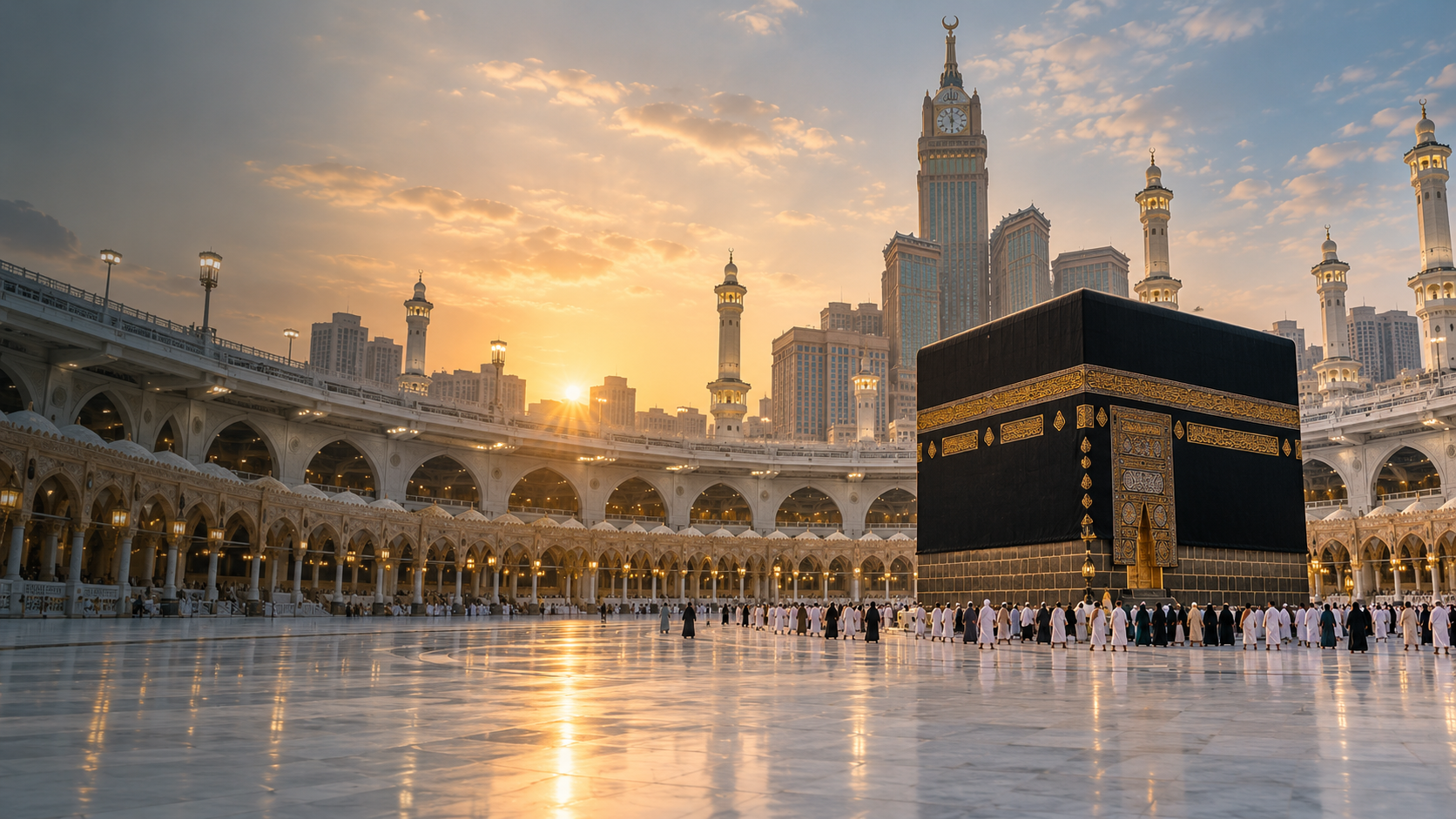 Illustrative view of the Kaaba and Masjid al-Haram at sunrise